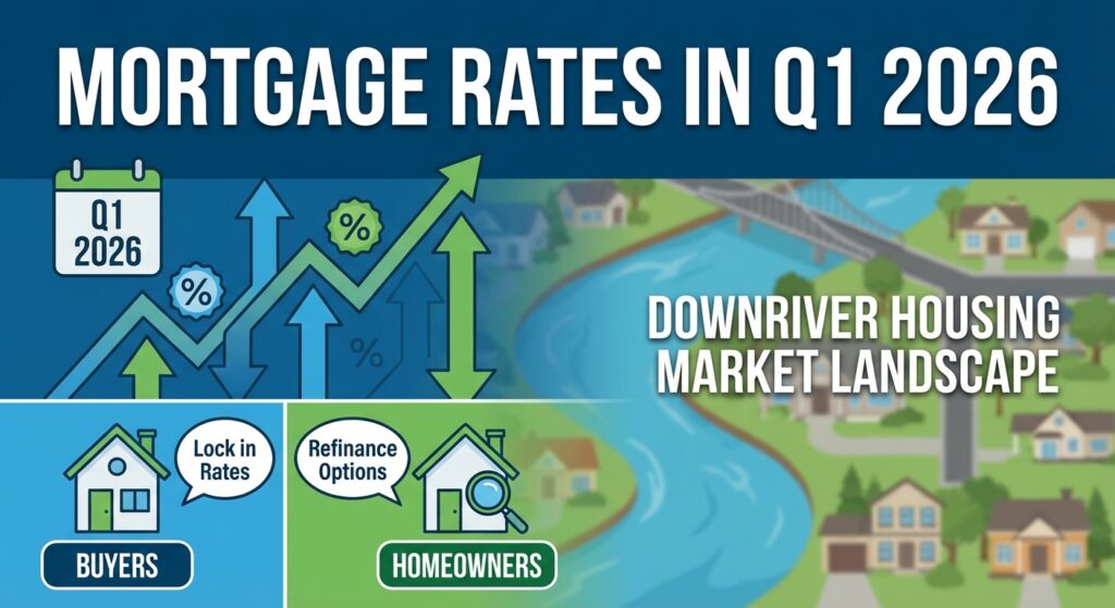 Person reviewing Q1 2026 mortgage rate trends on a tablet with home and chart visuals